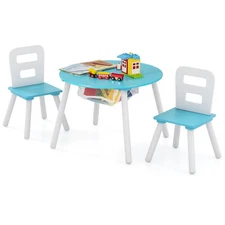 Costway Kids Wooden Round Table & 2 Chair Set w/ Center Mesh Storage Green