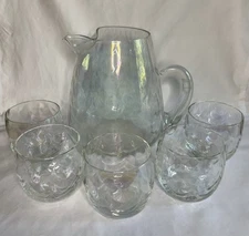Vintage West Virginia Iridescent Draped Luster Glass Pitcher And 5 Glasses