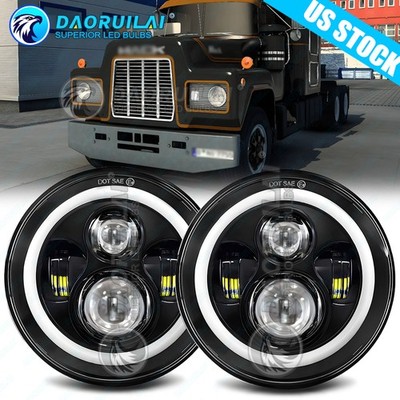 Pair 7'' Round LED Headlights Halo DRL High/Low Turn Signal fit Mack R Truck