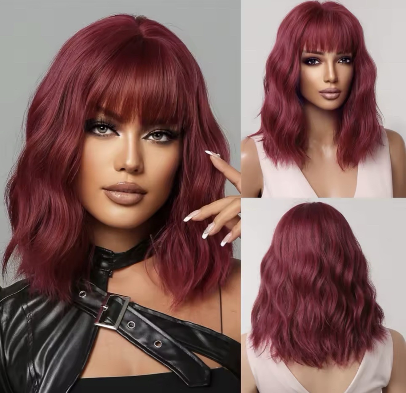 Perruque rouge courte bouclée à frange de 30cm pour femme
