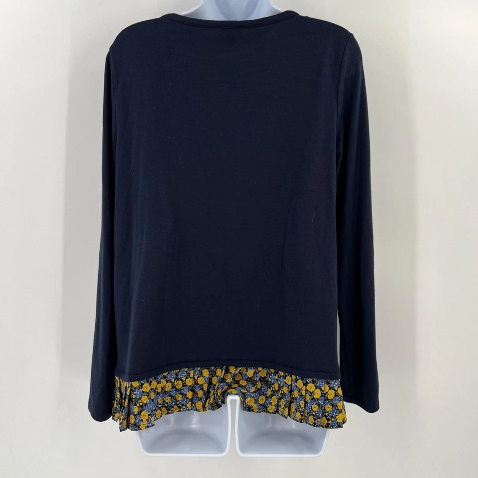 J.Crew M Mixed-Media Top Navy Knit Floral Pleated Hem Long Sleeve Sweater - Image 2 of 4