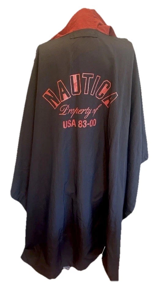 Vintage Nautica Navy Blue Nylon Rain Poncho Adjustable Hood O/S. Waist Strap.
