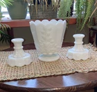 White Milk Glass Grape Pattern Candlesticks Pair Vintage 1960s Taper Holders