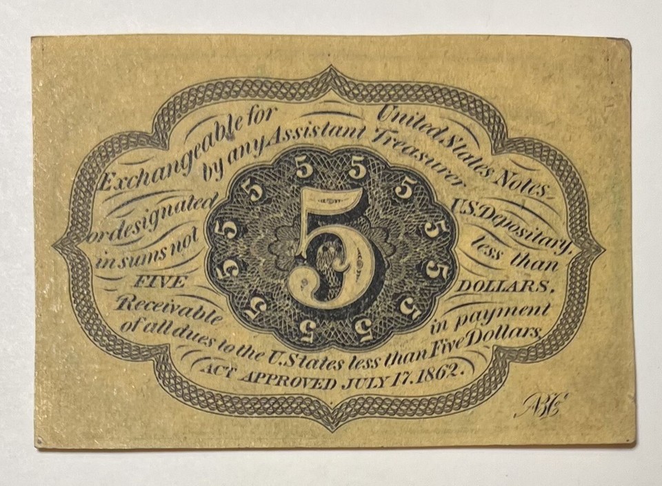 1862 U.S. 5 FIVE CENT POSTAGE FIRST ISSUE FRACTIONAL CURRENCY NOTE FR ...