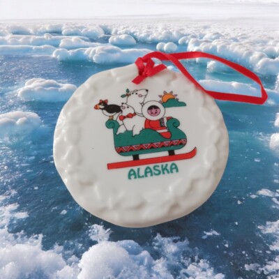 Alaska Porcelain Souvenir Ornament Christmas Eskimo Polar Bear Seal Sled Vtg 90s