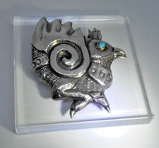 Broche Prendedor Pájaro Gallo Artesano Maestro México Años 40 GRANDE Plata Esterlina Turquesa