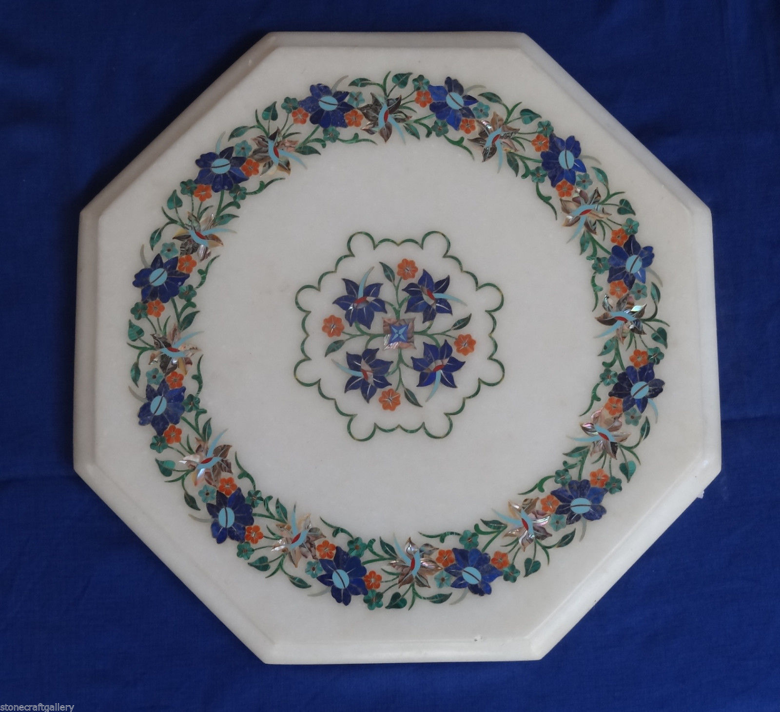 15 Inch White Marble Side Table with Pietra Dura Inlay Handicraft Decor  