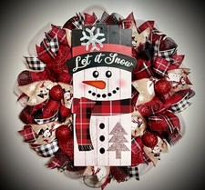 Snowman Christmas wreath let it snow black and red plaid large 20  -22  
