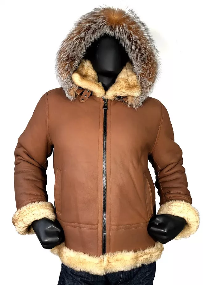 Jakewood Men s B 3 Cognac Shearling Sheepskin Aviator Jacket Fur Hood Size 3XL