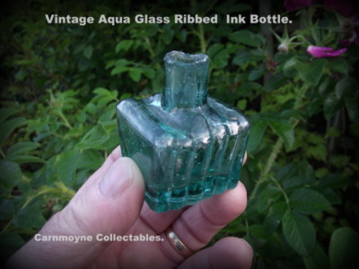 Vintage Aqua Glass Ribbed Ink Bottle.AH5562.