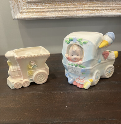 2 Vintage MCM Nursery Decor Planters Rubens Train Shafford  Carriage Pink Blue