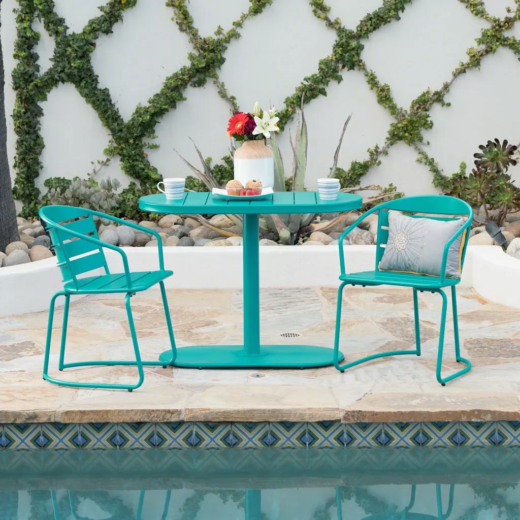 Teal Blue 3 Piece Patio Metal Bistro Set Space Saving Design Home