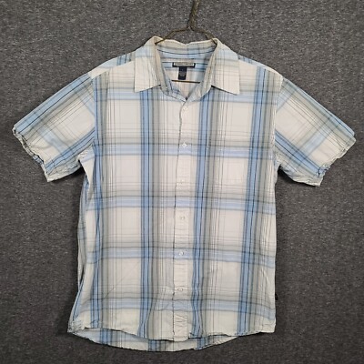 String Theory Button Down Shirt Mens Large Blue Plaid Short Sleeve