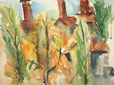 1961 Watercolor painting impressionist forest landscape signed