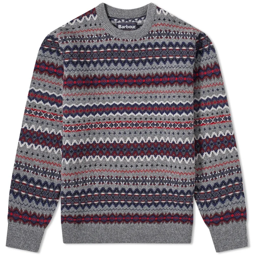Barbour Case Fairisle Crew Wool Sweater Jumper Mid Grey Mens Size Large New