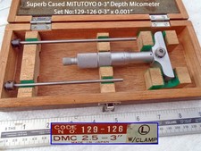 GENUINE Cased MITUTOYO IMPERIAL Depth Micrometer Set No:129-126 0-3" Old Tool