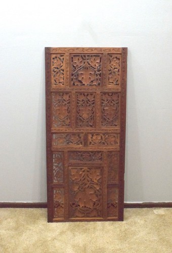 Indian Hand Carved Teak Wood Screen Panel Geometric Floral Design