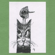 ACEO art card original pen and ink drawing pop surreal Ink Cat 29 Tim Olly