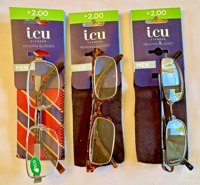 icu Reading Glasses Men's +2.00 Rectangular Frame Three Pair with Soft Case NWT