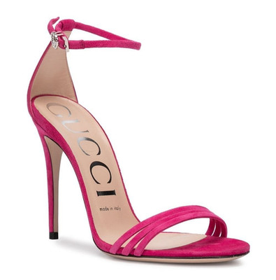 Gucci Ilse Bright Fuxia Pink Suede Crystal GG Logo Ankle Strap
