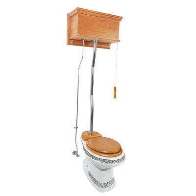 Light Oak High Tank Toilet with White Elongated Bowl and Chrome Z-Pipe