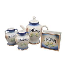 Jim Beam Tea Pot Napkin Holder and  2 Vases Corn Blue Set