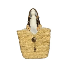 Sun N Sand Woven Straw Handbag Boho Wood Handle Beach Bag Tote