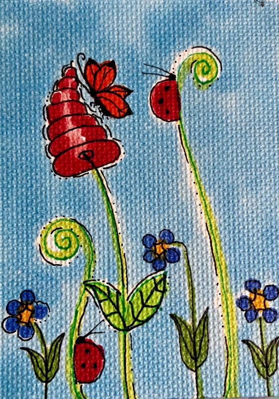 ACEO ‘Business As Usual’ Original Miniature Painting By PJR Flowers Lady Bugs