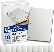 Full Page Sheet Lifters 11x8.5 Inch 3-Hole Binder Separators White 10 Pack