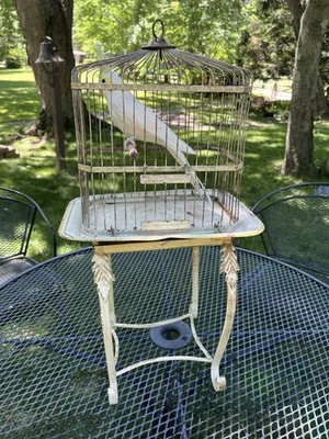 vintage hendryx bird cage On Stand  Early 1900s unique White Metal Construction