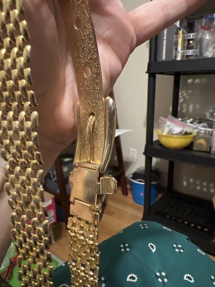 Hebilla de cinturón de malla vintage tono dorado ajustable 25”-36” disco glamour años 70-80 Foto 3 de 4