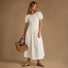 Ganni White Puff Sleeve Smocked Poplin Midi Dress US Sz 8 EU 40
