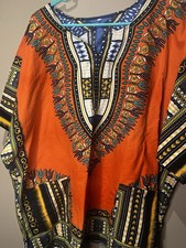 Unisex Orange African Dashiki Top. Multi Color. Large. Short Sleeve. 100 Cotton
