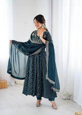 Latest Crunchy Silk Teal Green Gown Bottom With Dupatta For Functional Wear