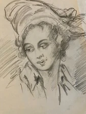Drawing 1970 Pencil Paper Woman Head Portrait Art Deco Studio Bust Hat