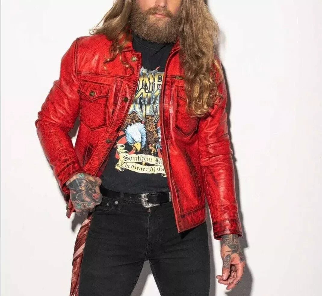 Men's 90's Red Motor Trucker Denim Vintage Genuine Leather Jacket