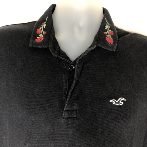 Hollister Large Mens Epic Flex Stretch Black Rose Embroidered Polo Shirt - Picture 2 of 11