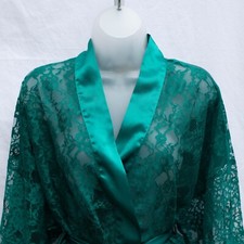 Vtg Victoria's Secret Gold Label Emerald Green Lace Satin Kimono Robe OS