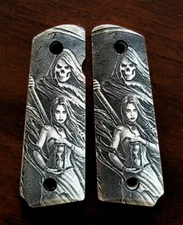 1911 custom engraved ivory scrimshaw grips Grim Reaper Girl Hourglass