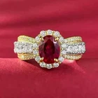 14K Two-Tone Gold Plated 2Ct Oval Cut Lab-Created Red Ruby Halo Engagement Ring
