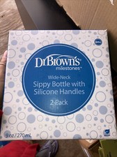 2 pk Dr Brown's 2 Milestones Wide Neck Sippy Bottles 9oz Cup Green Ivory