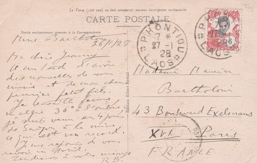 Postkarte verschickt von PHONTIOU LAOS 1928 Indochine Indochina nach Frankreich - Bild 1 von 2