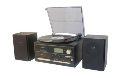 TECHPLAY BLACK BLUETOOTH SHELF STEREO SYSTEM & RECORD PLAYER CD CASSETTE RADIO