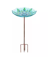 Mumtop Glass Bird Bath Bowl Intricate Peacock Feather Metal Stake Garden Feeder