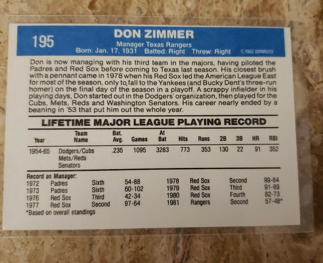 Donruss 82 Don Zimmer Error Baseball Card Miscut and small pink