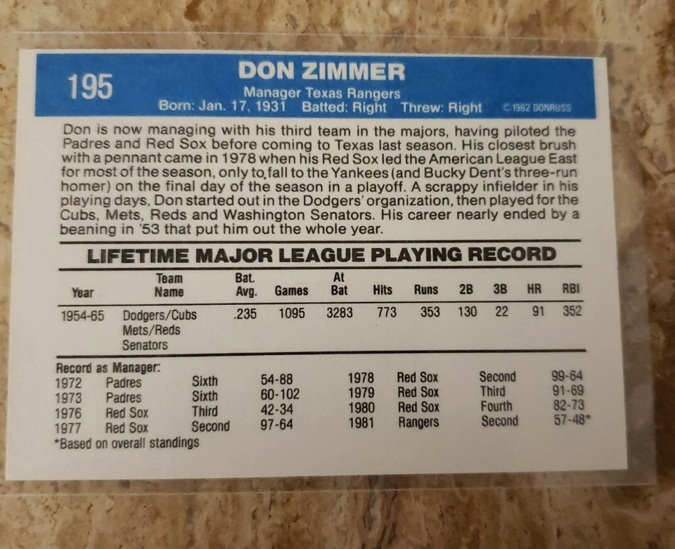 Donruss 82 Don Zimmer Error Baseball Card Miscut and small pink circles on front - Image 2 of 4