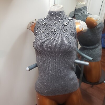 Vtg Cache Sz XS grey lurex Sleeveless Beaded Sweater vest mock neck NWT $98