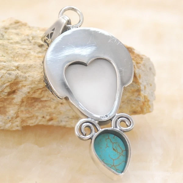 Cara tallada Blanco cerámica y turquesa piedras preciosas plata colgante joyería BP95 Foto 2 de 4