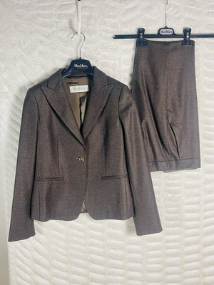 Max Mara Virgin Wool Silk Brown Peaked Collar Blazer Jacket Pant Suit Set Sz 2