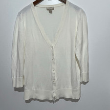 Loft Women's Cream Knit V-Neck 3/4 Sleeve Button Front Cardigan Sweater Medium
